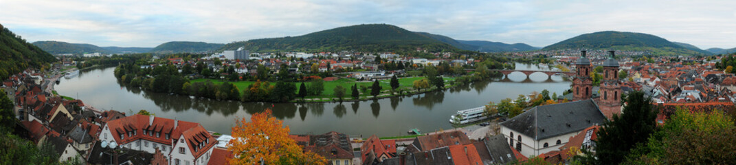 Panorama View From The Mildenburg Castle To The Main River Bend In Miltenberg Hesse Germany On An Overcast Autumn Day - obrazy, fototapety, plakaty