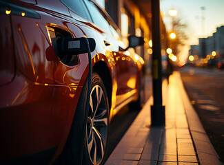 Electric car charging at sunset in an urban environment