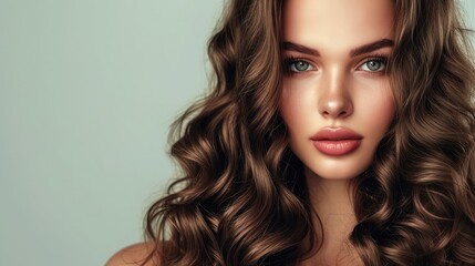 Brunette girl with long and shiny wavy hair . Beautiful model with curly hairstyle - obrazy, fototapety, plakaty