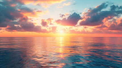 Naklejka na ściany i meble Calm sea with sunset sky and sun through the clouds over. Meditation ocean and sky background. Tranquil seascape. Horizon over the water.