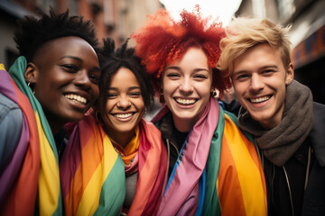 Happy diverse friends wrapped in the rainbow pride flag - Powered by Adobe