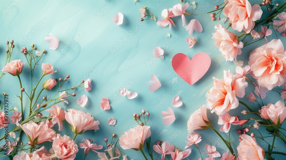 Poster Creative layout with pink flowers, paper heart over punchy pastel background. Top view, flat lay. Spring, summer or garden concept. Present for Woman day