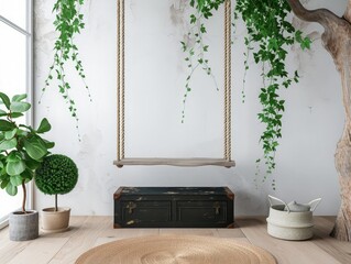 Cozy rope swing in living room with green houseplants in flower pot and black vintage chest of drawers. Comfort room with furniture in house