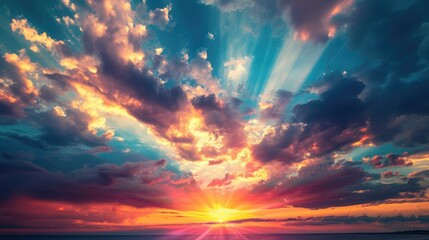 Dramatic Colorful Sunset Sky over Mediterranean Sea. Clouds with Sunrays. Cloudscape Nature Background. - obrazy, fototapety, plakaty