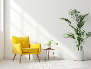 Fototapeta na wymiar Front view yellow armchair and plant in living room on white background