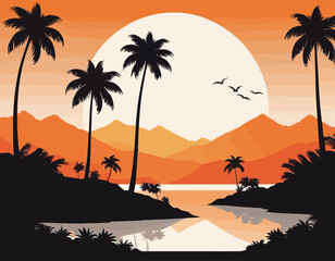 Vector illustration of a hand drawn palm trees on a paint background