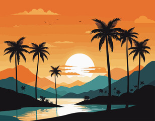 Vector illustration of a hand drawn palm trees on a paint background