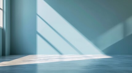 Light blue empty wall and smooth floor with interesting light glare. Background for the presentation.