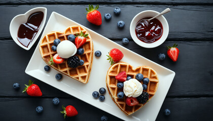 Heart-shaped Fruits and Ice Cream Waffles