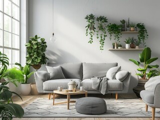 Modern scandinavian interior of living room with design grey sofa, armchair, a lot of plants, coffee table, carpet and personal accessories in cozy home decor.