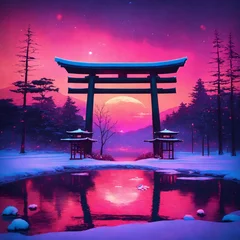Rolgordijnen synthwave style snowy lotus pond metal torii gate © Zeeshan
