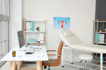 Interior of gynecologist's office with workplace and couch