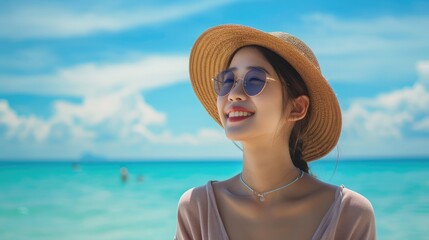 Portrait beautiful young asian woman relax smile leisure around beach sea ocean in travel vacation