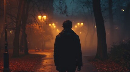 Sad man alone walking along the alley in night foggy park Back view