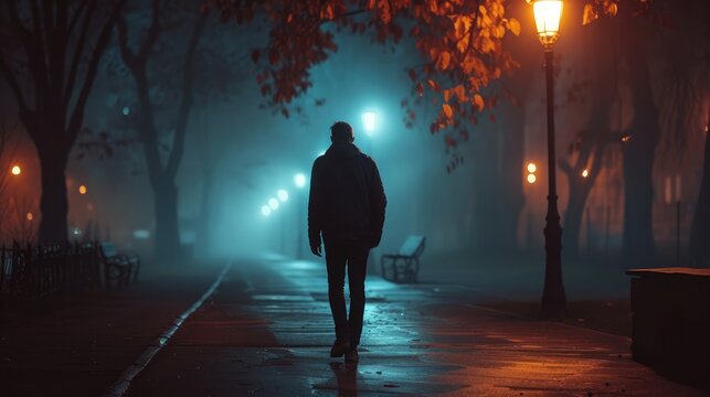 Sad man alone walking along the alley in night foggy park Back view