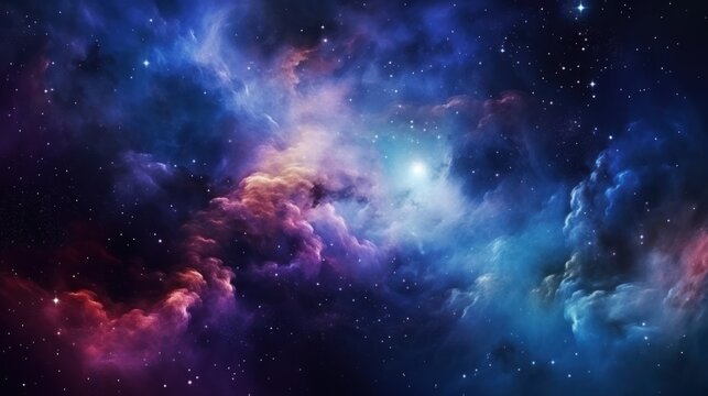 Beautiful panoramic space background with nebula and stars at night view. AI generated image
