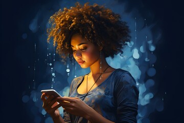 afro woman using phone, blue background