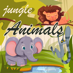 Jungle Animals Poster. Art with charming inhabitants of African savannah. Wild life safari. Banner with lion, elephant and fluffy lemur. Design element for cover. Cartoon flat vector illustration