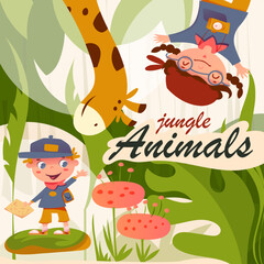 Jungle Animals Poster. Banner with adorable boy and girl exploring wild life of African jungle with giraffe. Curious childrens and savanna beasts. Design for cover. Cartoon flat vector illustration