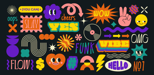 Set of groovy abstract stickers in brutalism style. Playful geometric shapes, hearts, trendy inscriptions and waves. Retro badges in 90s style. Cartoon flat vector collection isolated on background