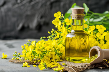 Golden Rapeseed Oil with Flowers and Seeds