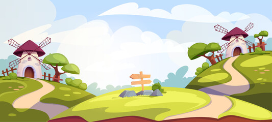 Obraz premium Landscape with windmill. Colorful stylized banner with village scenery with green hills, roads and trees. Background for games, videos and graphical interface. Cartoon flat vector illustration