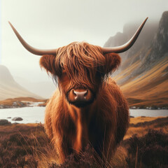 scottish highland cow in the mountains, Beautiful horned Highland Cattle enjoying the Sunrise, high quality portrait.
