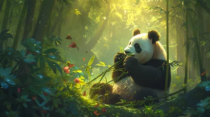  A captivating scene of a giant panda peacefully munching on bamboo in a lush forest © DigitaArt.Creative