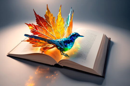 An open book, whose leaves turn into birds. Concept of incentive to the imagination produced by reading. AI Generation.