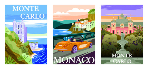 Set of Travel Destination Posters. Landscapes of Monaco and Monte Carlo with beach, historical landmarks and cityscape. Tourism and vacation. Cartoon flat vector illustrations isolated on background