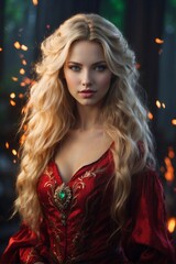 Fototapeta premium Woman With Long Blonde Hair Wearing Red Dress. Generative AI.