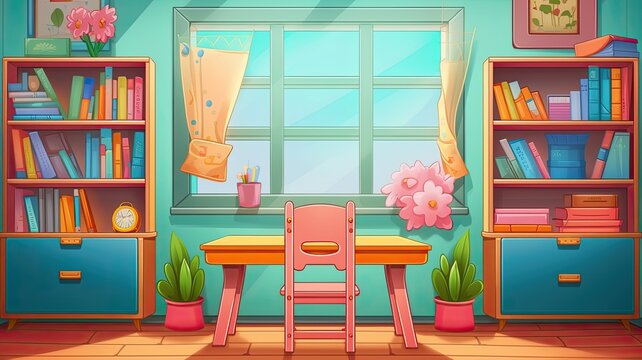 cartoon illustration school desks with chairs, bookcase, door and window.