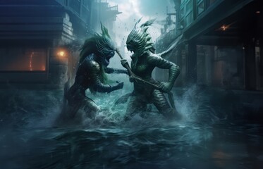 In a mythical clash beneath the waves, sea monsters engage in an epic battle for the fabled underwater city of Atlantis.Generated image - obrazy, fototapety, plakaty