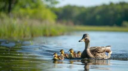 A mother duck leads her line of young ducklings through the tranquil waters of a lake, surrounded by lush greenery