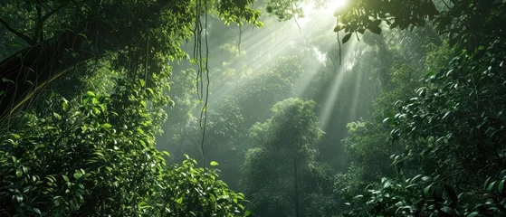 Foto op Canvas Dawn in the jungle. Tropical background. A beautiful path through the jungle. Mysterious impenetrable jungle overgrown with exotic plants. Jungle. Atmospheric forest. Tropical paradise. Generative AI © Ruslan Shevchenko