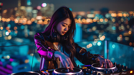 Fototapeta na wymiar An elegant woman DJ with a magnetic presence, commanding the rooftop stage with grace