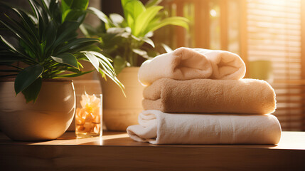 
The warm atmosphere of the spa with towels rolled up and stacked on a wooden ledge - obrazy, fototapety, plakaty