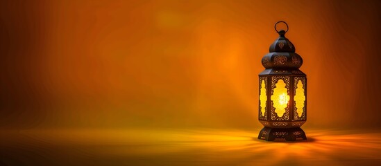 Fototapeta na wymiar ramadan lamp ornament on yellow wide banner background. for eid mubarak, eid adha, islamic event, isra mi'raj, etc