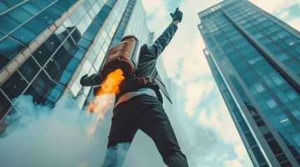 Businessman with burning jetpack on his back, is preparing for a jump, raising his hands up against the backdrop of a modern business center
