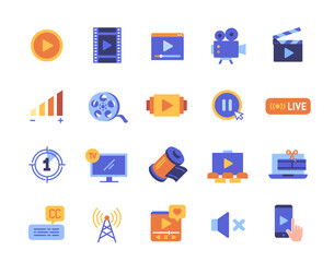 Set of color Video related icons. Bright symbols with camera, movie, cinema, TV, multimedia, live broadcast and volume scale. App design. Cartoon flat vector collection isolated on white background