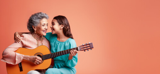 Family Bonding Over Music: A Heartwarming Moment Between a Grandmother and Granddaughter. Latino, Hispanic Family Playing Guitar. Banner with Copy Space, Space for Text