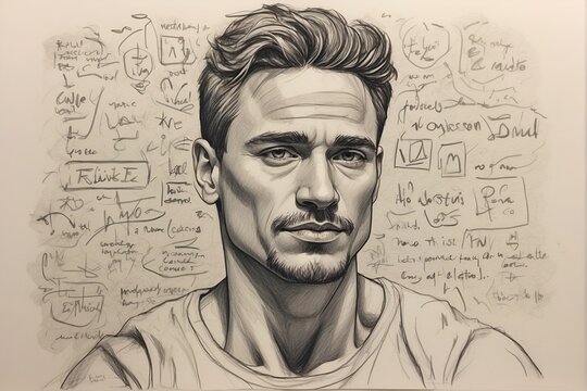 Detailed Drawing of a Man Covered in Writing. Generative AI.