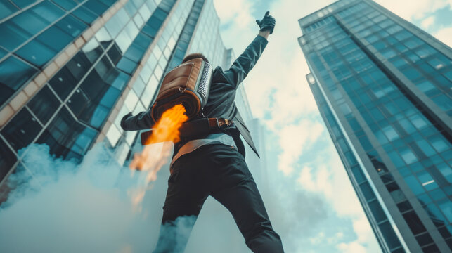 Businessman with burning jetpack on his back, is preparing for a jump, raising his hands up against the backdrop of a modern business center