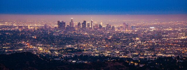 Los Angeles skyline night panorama - obrazy, fototapety, plakaty