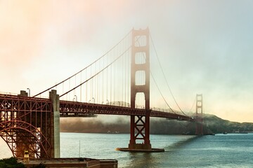 San Francisco Golden Gate Bridge fog sunset
