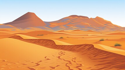 Fototapeta na wymiar cartoon illustration desert landscape, sandy expanses, undulating dunes, and distant rugged mountains under a clear sky.