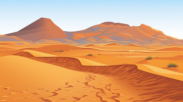 cartoon illustration desert landscape, sandy expanses, undulating dunes, and distant rugged mountains under a clear sky. © chesleatsz