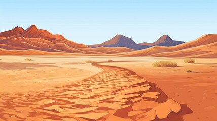 Fototapeta na wymiar cartoon illustration desert landscape, sandy expanses, undulating dunes, and distant rugged mountains under a clear sky.