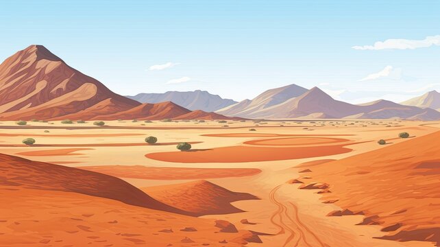 cartoon illustration desert landscape, sandy expanses, undulating dunes, and distant rugged mountains under a clear sky. © chesleatsz