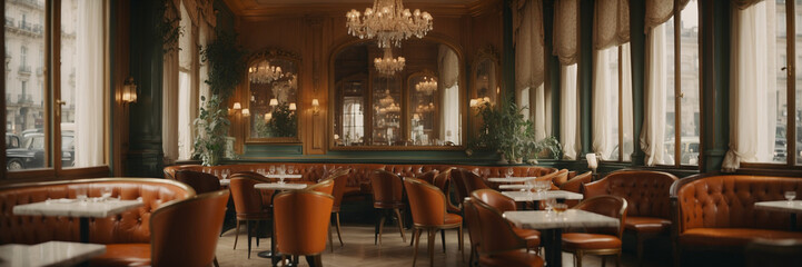 Interior de una tradicional cafetería Francesa, amplia y luminosa, con grandes ventanales